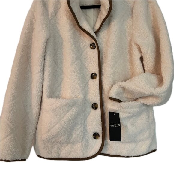 😊Ralph Lauren Sherpa Jacket Wm Sz M Cream Tan Trim Quilted Faux Shearling NEW - Picture 7 of 9